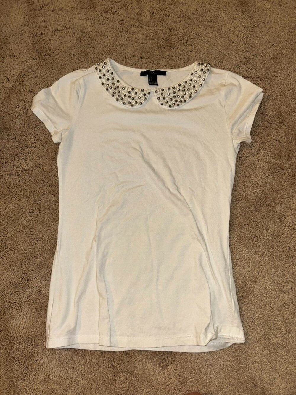 Forever 21 White Short Sleeve Tee with Bedazzled Peter Pan Collar